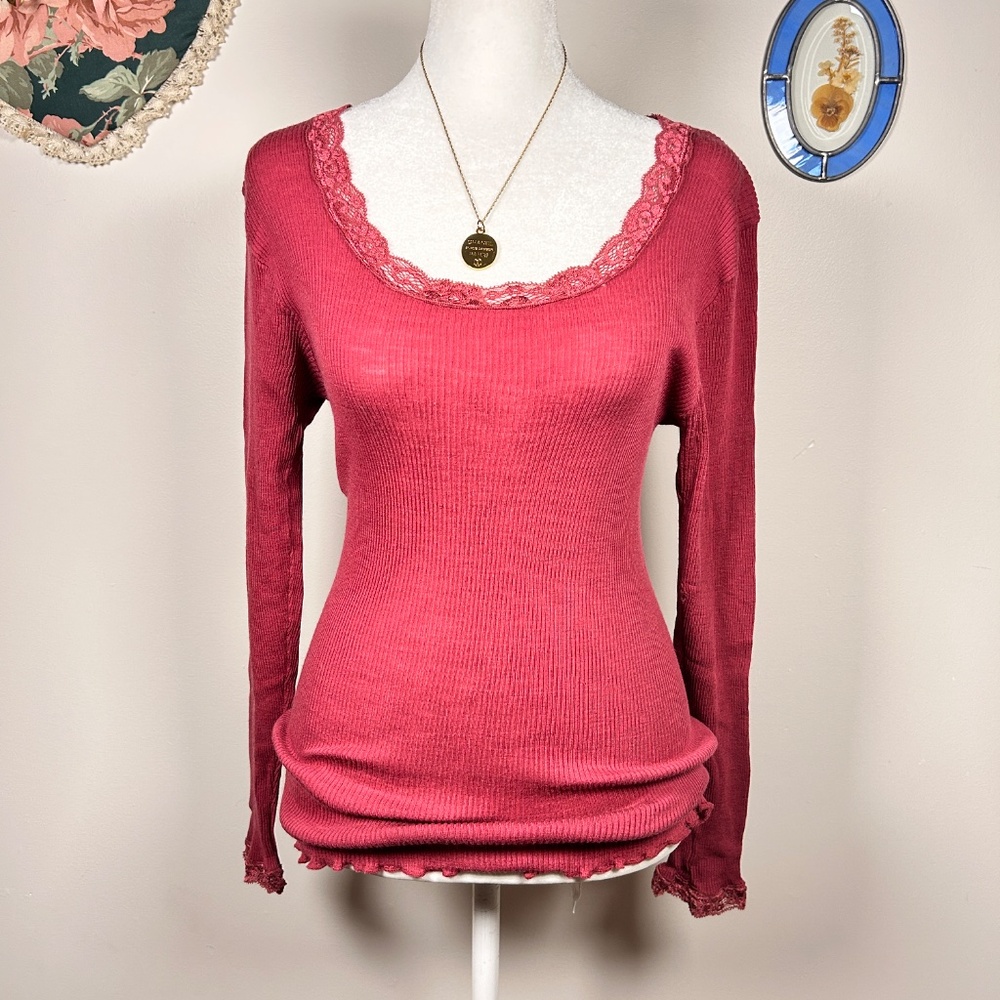 Y2K Pink Lace Trim Ribbed Long Sleeve